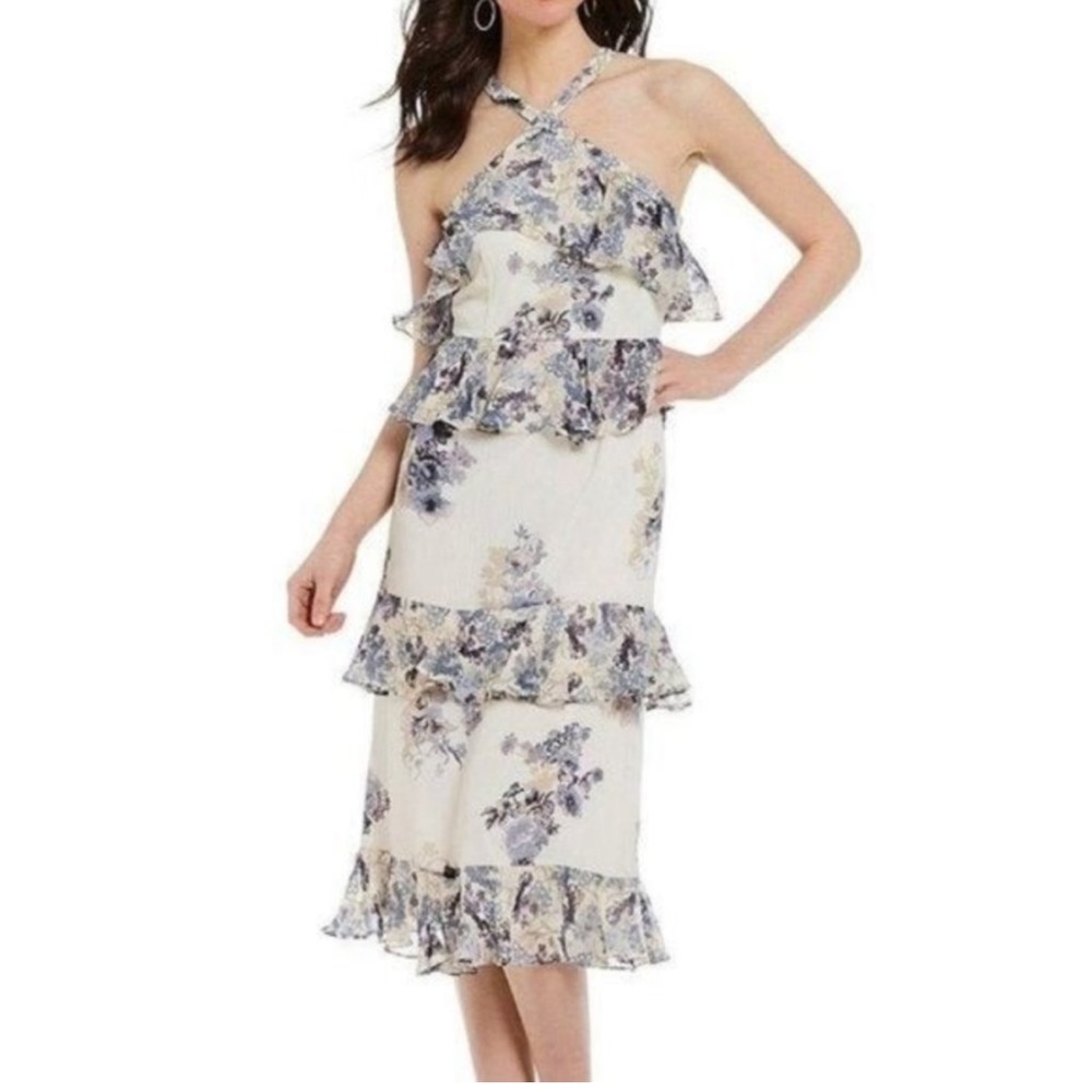 NEW NWT GIANNI BINI Erin Dress Cream Ivory Blue Purple Floral Halter Neck Party
